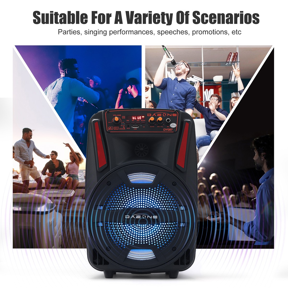8" 1000W Portable Bluetooth Speaker Sound System DJ Party PA Remote FM USB LED