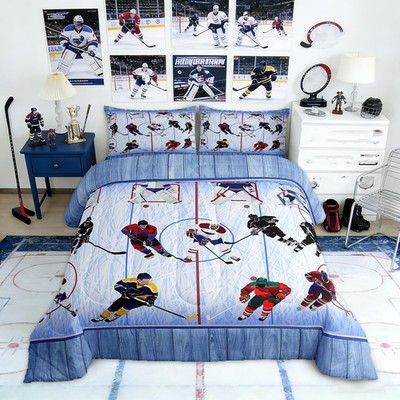 Castle Fairy Hockey Bedding Set Queen Size Cartoon Hockey Player Blue Ice Rink