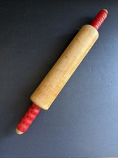 Vtg Wooden Rolling Pin Red Painted Handles Farmhouse Decor 17  Maple