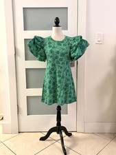 Zara Green Floral Puff Sleeve Short A-Line Dress Round Neck Size S
