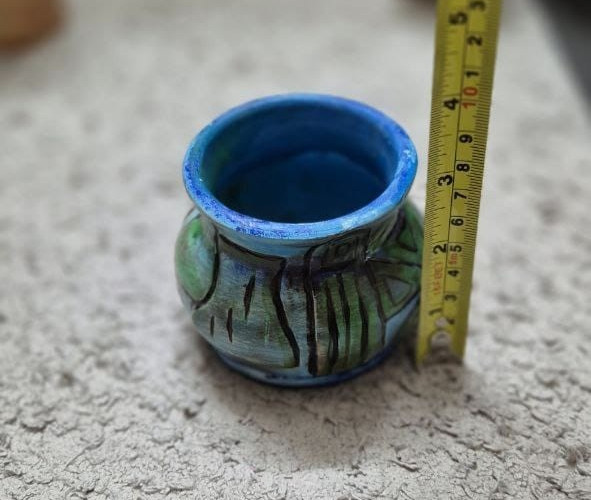 Handmade Artisan Vase OOAK 2010 Hand Painted Abstract Blue Green Pottery thumbnail 5