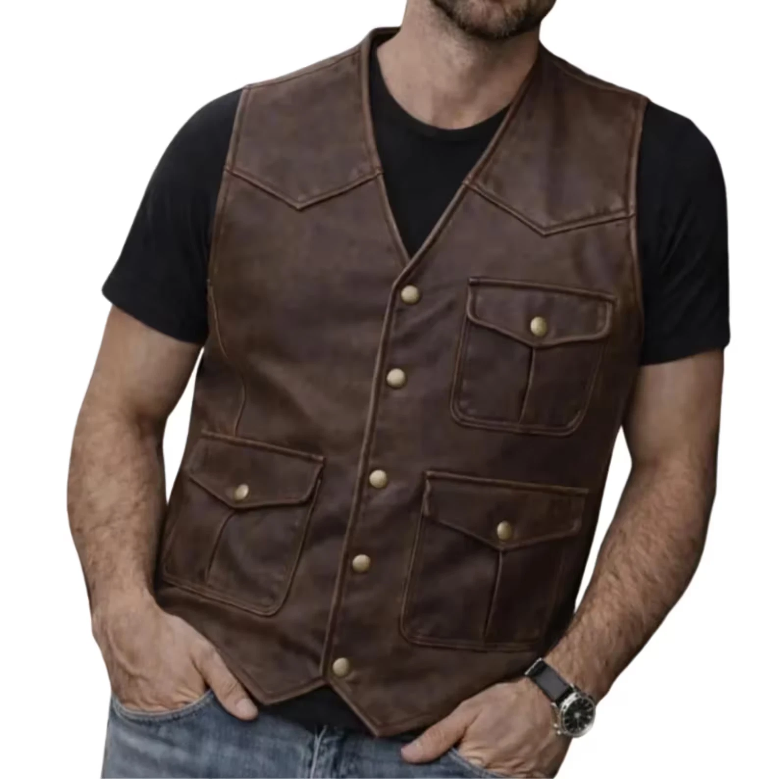 Men's Real Brown Lambskin Leather Biker Vest | Motorcycle Waistcoat with Front