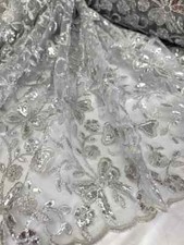 "Silver Sequin and Butterfly Embroidered Lace Fabric - Sold by the Yard