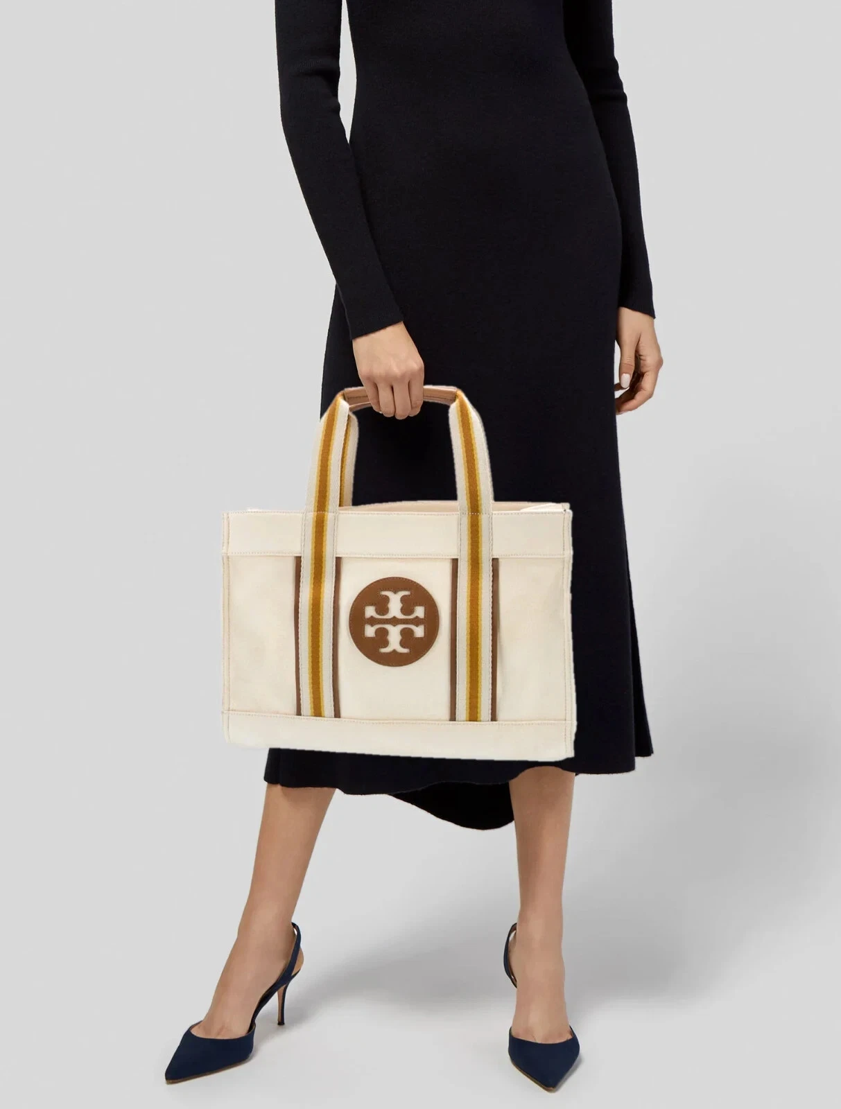 Borsa Tory Burch tela panna giallo marrone manico superiore borsa righe neutra