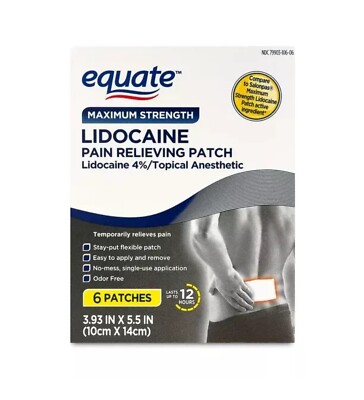 Equate Maximum Strength Lidocane Pain Relieving Patches, 6 Count.