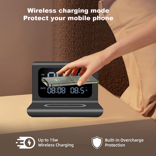 Digital Alarm Clock With 15W Wireless Charger For iPhone 16 Pro Max 15 14 13 12 - Picture 6 of 13