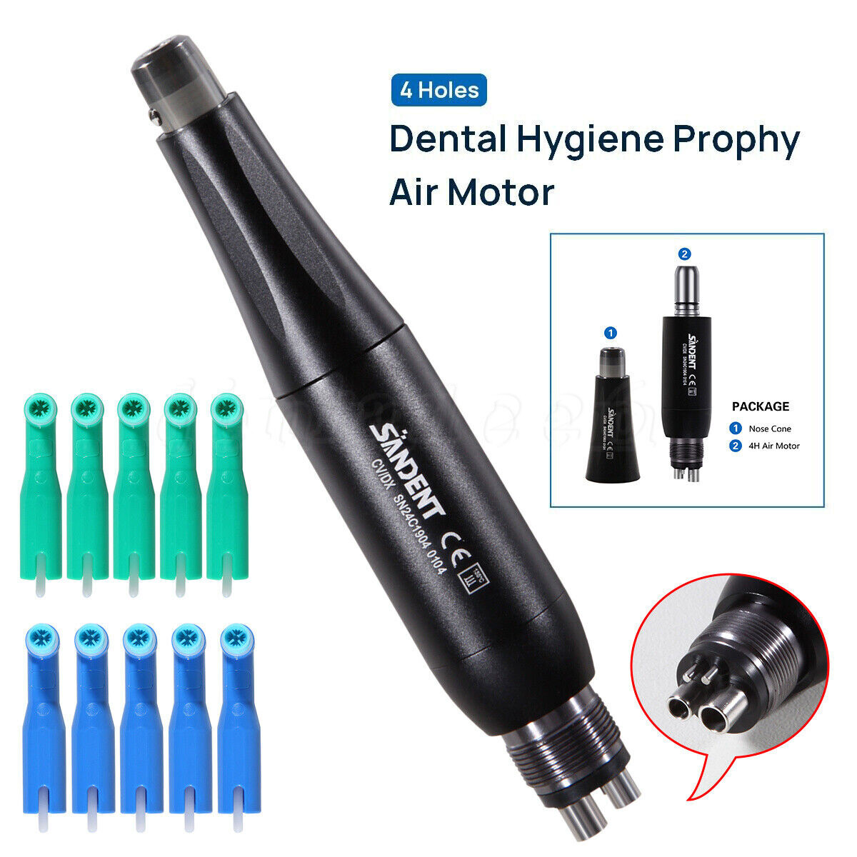 VAKKER 360° Swivel Dental Prophy Straight Handpiece + 4:1 Air Motor Set – 4-Hole