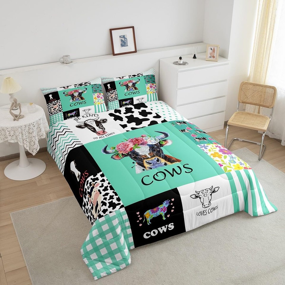 Feelyou Cow Print Comforter Set Cartoon Milk Cow Bedding Set Floral