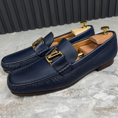 Louis Vuitton Montaigne Logo Loafers Grain Blue Leather LV or 10