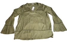 Crown & Ivy Womens V-Neck Blouse Sz L Olive Color Long Bell Sleeve NWT