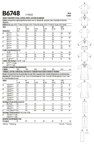 Butterick Unisex SEWING PATTERN B6748 Tunic,Caftan,Hat & Headwrap S-L Or XL-XXXL - Picture 3 of 3