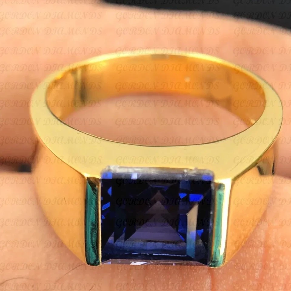 5.00ct Asscher Cut Natural Sapphire Solitaire Men's Ring 18K Yellow Gold Plated - Image 4 of 4