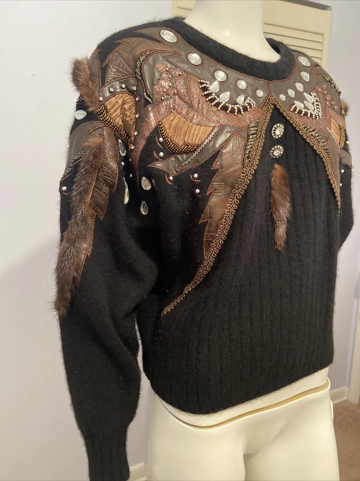 Suéter De Colección Erez Embellecido Estrás Cuentas Cuero Real Piel Y Piel De Serpiente S Foto 3 de 4