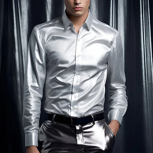 Herren Satin Hemd Tanzen Oberteile Hochglanz Kleid Langarm Hochzeit Freizeithemden Neu - Bild 9 von 25