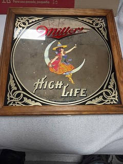Vintage 1980 Miller High Life Beer Mirror Sign Girl In The Moon Framed Wood 14"