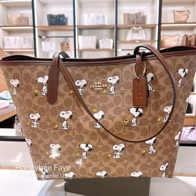 NWT Coach X Peanuts City Tote Bag In Signature Canvas With Snoopy