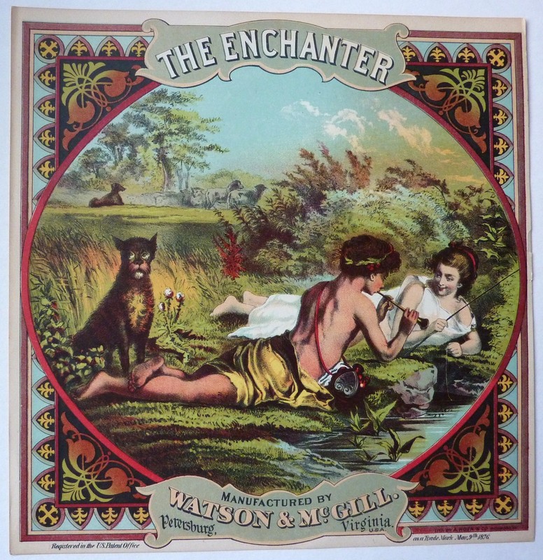 Antique THE ENCHANTER Tobacco Caddy Label Watson & McGill Litho 10" x 10.25"