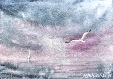 Original Artwork Modern Hand Painting Landscape SEAGULL Art Seascape Wall GiftA5