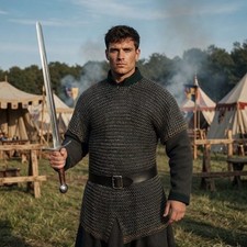 Medieval Chainmail Haubergeon   8MM Flat Riveted MS Armor Shirt, Short Sleeve