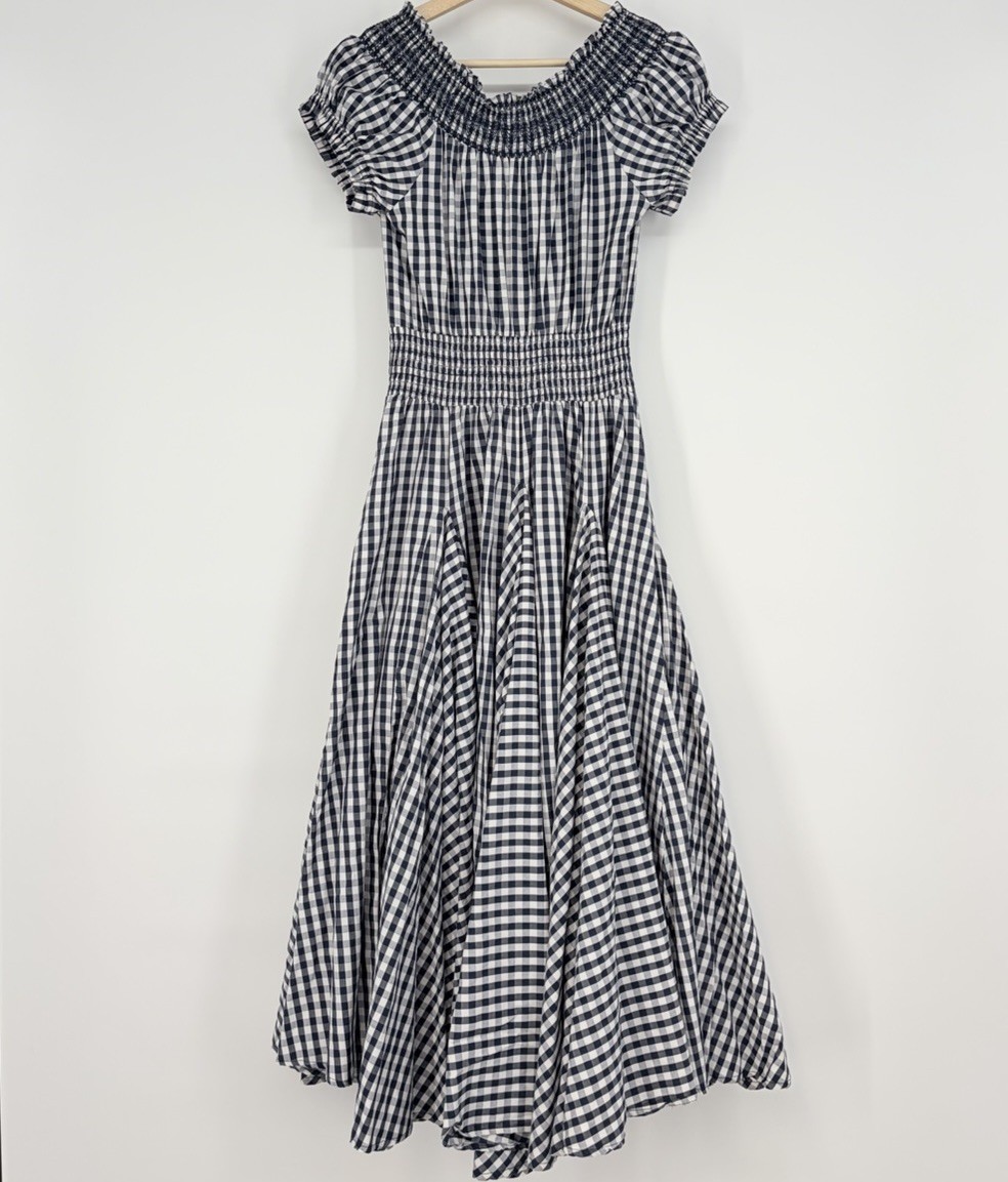 Chelsea & Theodore Gingham Off-Shoulder Dress S Navy Blue White
