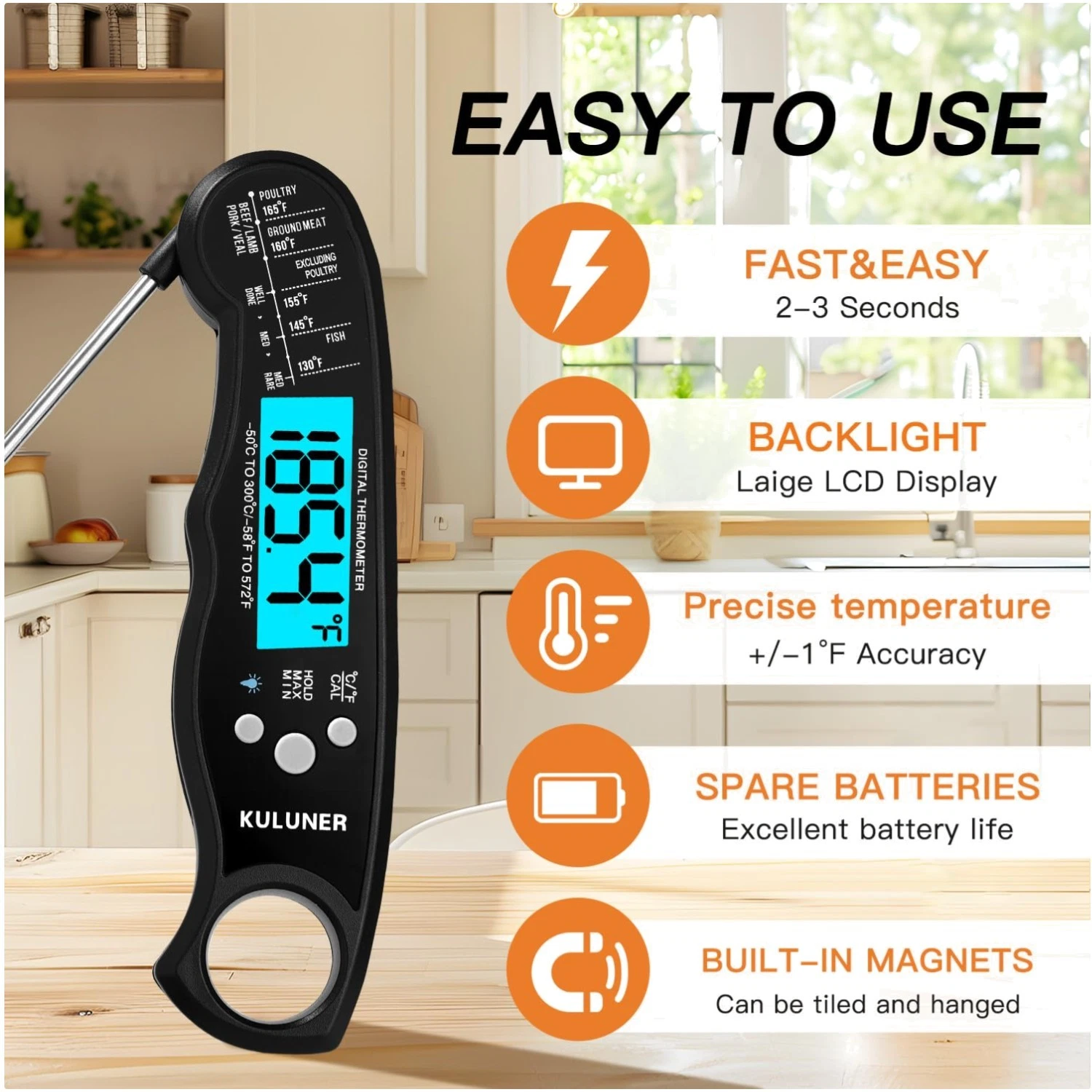 Black Stainless Steel Meat Thermometer - Ultra Fast Reading