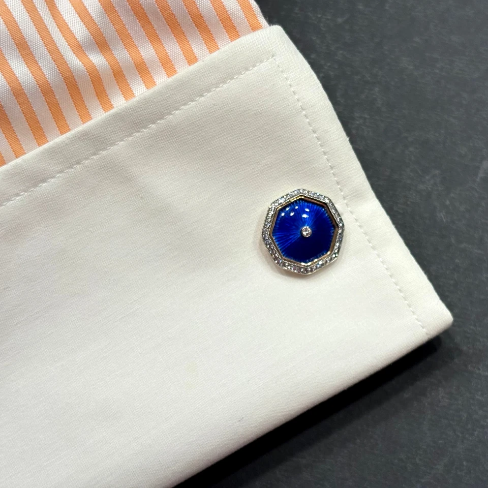 NEW 14K GOLD & STERLING SILVER.875 GUILLOCHÉ ENAMEL +CZ CUFFLINKS RUSSIA ca.1995 - Image 2 of 4