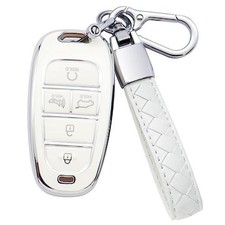 for Hyundai Key Fob Cover 5 Button Soft TPU with Leather Silver Edge B:white