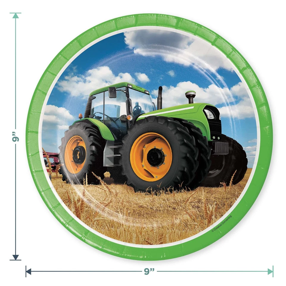Juego de suministros para fiestas de tractor agrícola: platos verdes, servilletas, tenedores para 16 invitados Foto 3 de 4