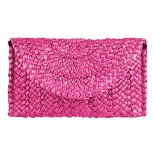 Summer Woven Straw Clutch Envelope Beach Handbag Purse Pink Women