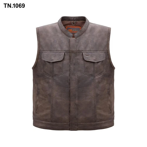 Men's Distressed Brown Leather Biker Vest - Concealed Carry Side Lace Club - product listing photo