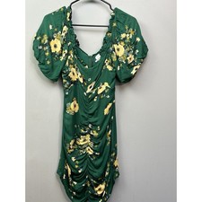 Urban Outfitters Dress Womens 0 Green Floral Ruched Puff Sleeve Mini Bodycon