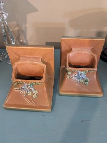 Vintage Roseville Columbine brown/blue/green planter bookends #8 excellent
