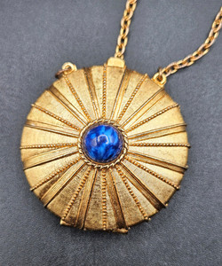 Vintage Estée Lauder Solid Perfume Pendant Necklace w/Blue Cabochon Gemstone