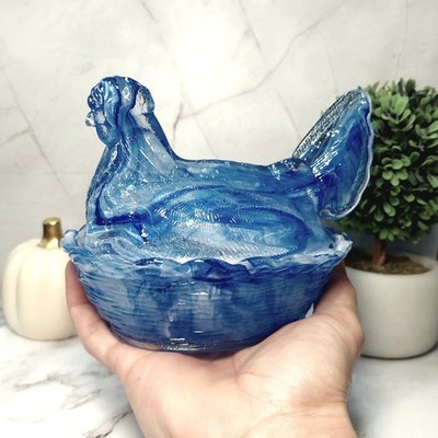 Hen on Nest Chicken Blue Cream Swirl Glass Depression Style Candy Dish, Vintage