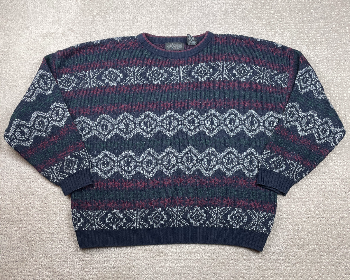Vintage Knit Sweater Mens XL Nordic Fair Isle Colorful Geometric Pattern 90s
