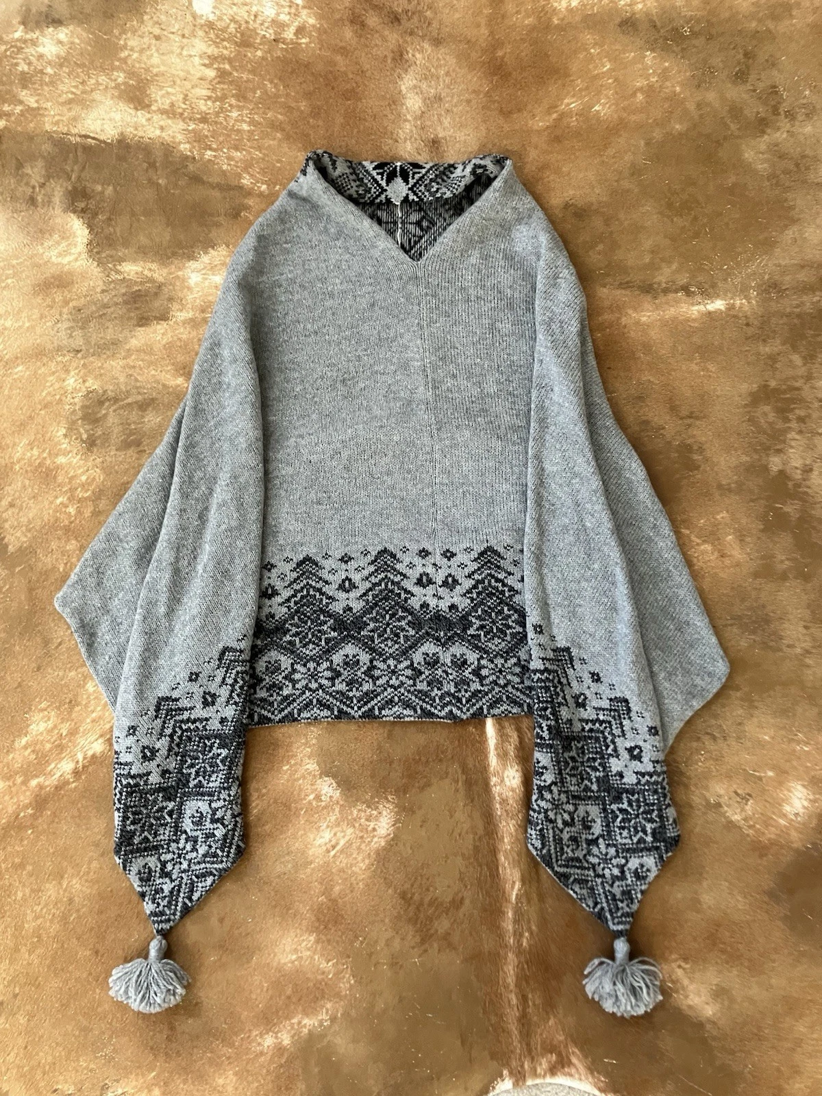 Handmade Fair Isle Gray Tassel Poncho Sweater One Size