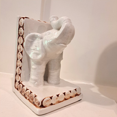 Elephant Bookend Single White Ceramic Glazed Trunk Up 7 inch Home Decor.