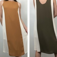 Forever 21 Colorblock Midi Shift Dress Lined Sleeveless Ivory Green Gold Medium