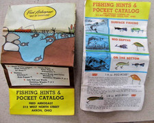2 papeles vintage de caja de bolsillo para señuelos de pesca Fred Arbogast color ~ catálogo / sugerencias