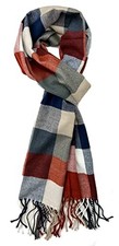 Plaid Check and Solid Cashmere Feel Winter Scarf, Warm Rust Navy White Check