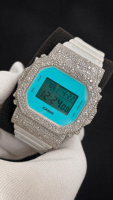 Custom Moissanite G-Shock DW-5600 Watch White Bezel Blue Face