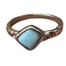 925 Sterling Silver Hammered Larimar Square Cabochon Ring Size 8 Artisan Boho
