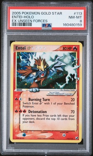 Pokemon Entei Gold Star Holo EX Unseen Forces 113/115 PSA 8