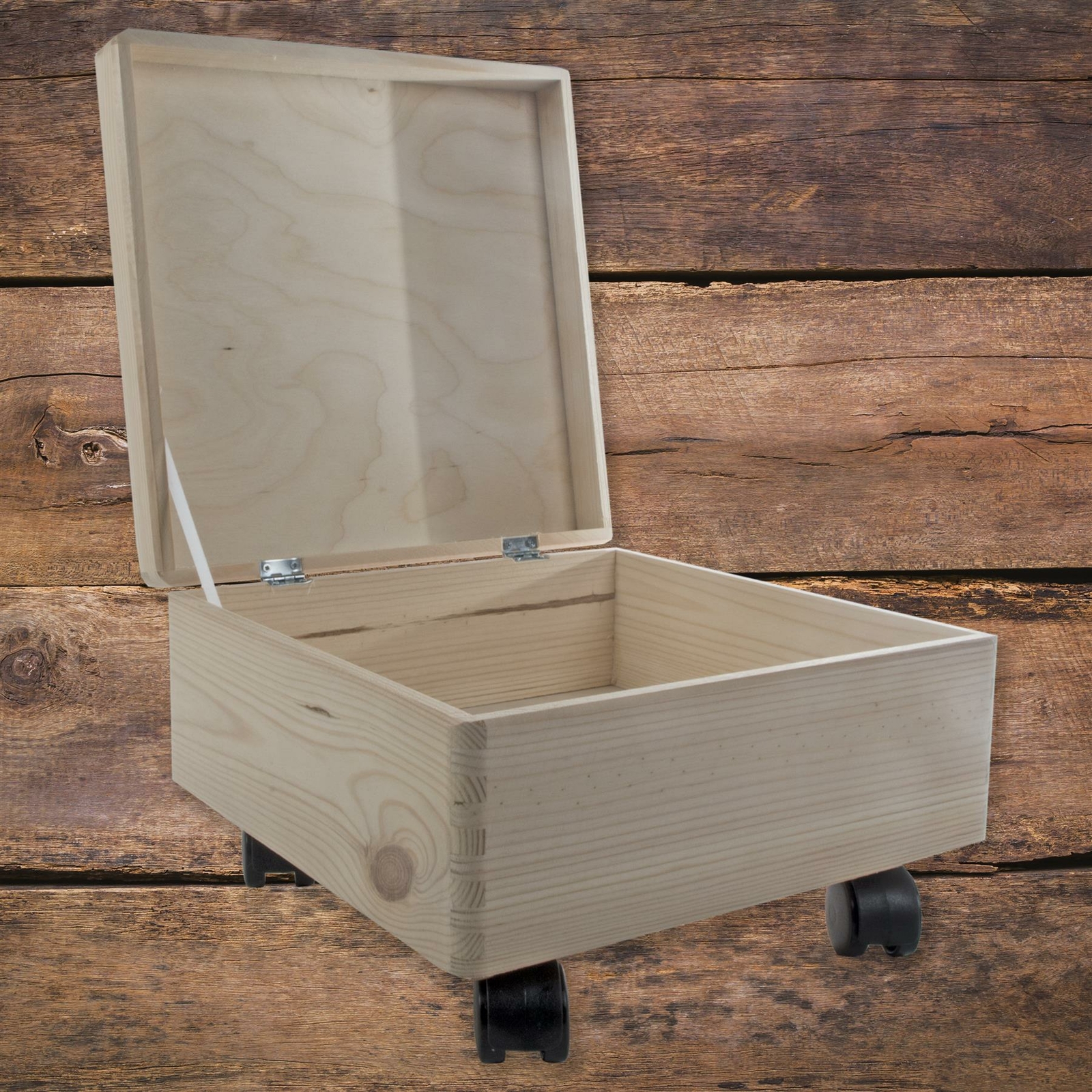 Square Wooden Box Chest with Lid on Wheels | 30 x 30 x 19 cm | Decorative Pine