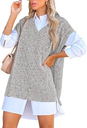 2XL - Women's Oversized V Neck Knit Sweater Vest Tunic Sleeveless Pullover - Bild 3 von 5