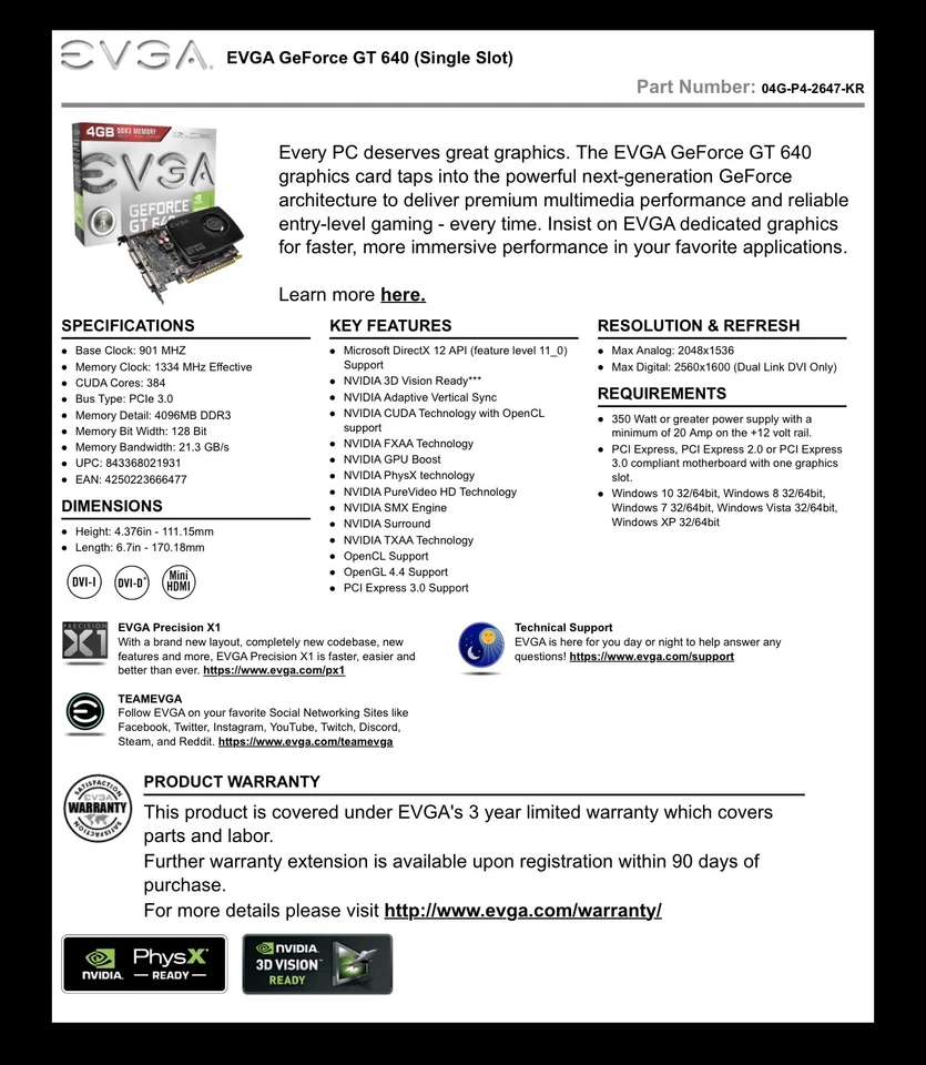 EVGA NVIDIA GeForce GT 640 04G-P4-2647-KR 4GB DDR3 PCI Express 3.0 Video Card - Image 4 of 4