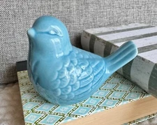 New French Country Cottage Blue Glazed Ceramic Bird Decor Figurine - 4”