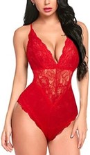 Women Red Lace One Piece Teddy Snap Crotch Bodysuit Size Small I