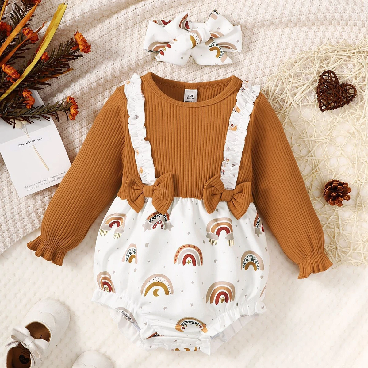 Cute Newborn Baby Girl Cartoon Rainbow Print Romper Infant Long Sleeve