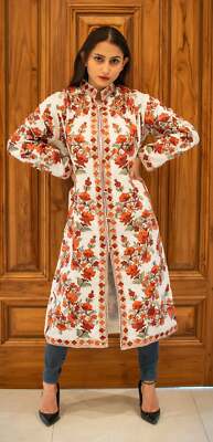 White Kashmiri Long Coat with Floral Pattern Embroidery | eBay